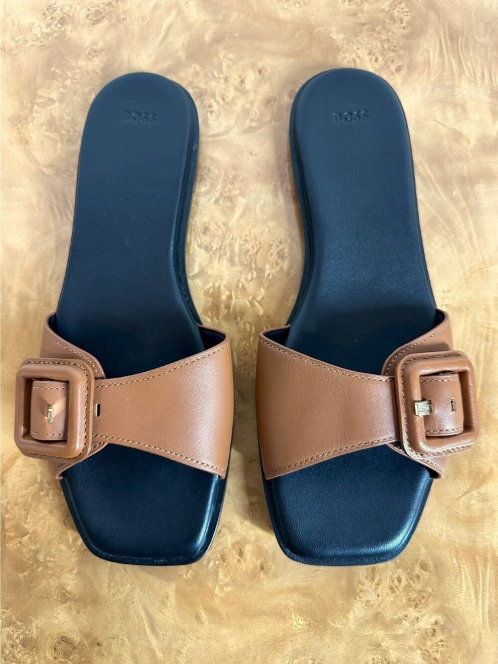 BOSS Charlize Brown Leather Logo Buckle Slide Sandals Women's 38
